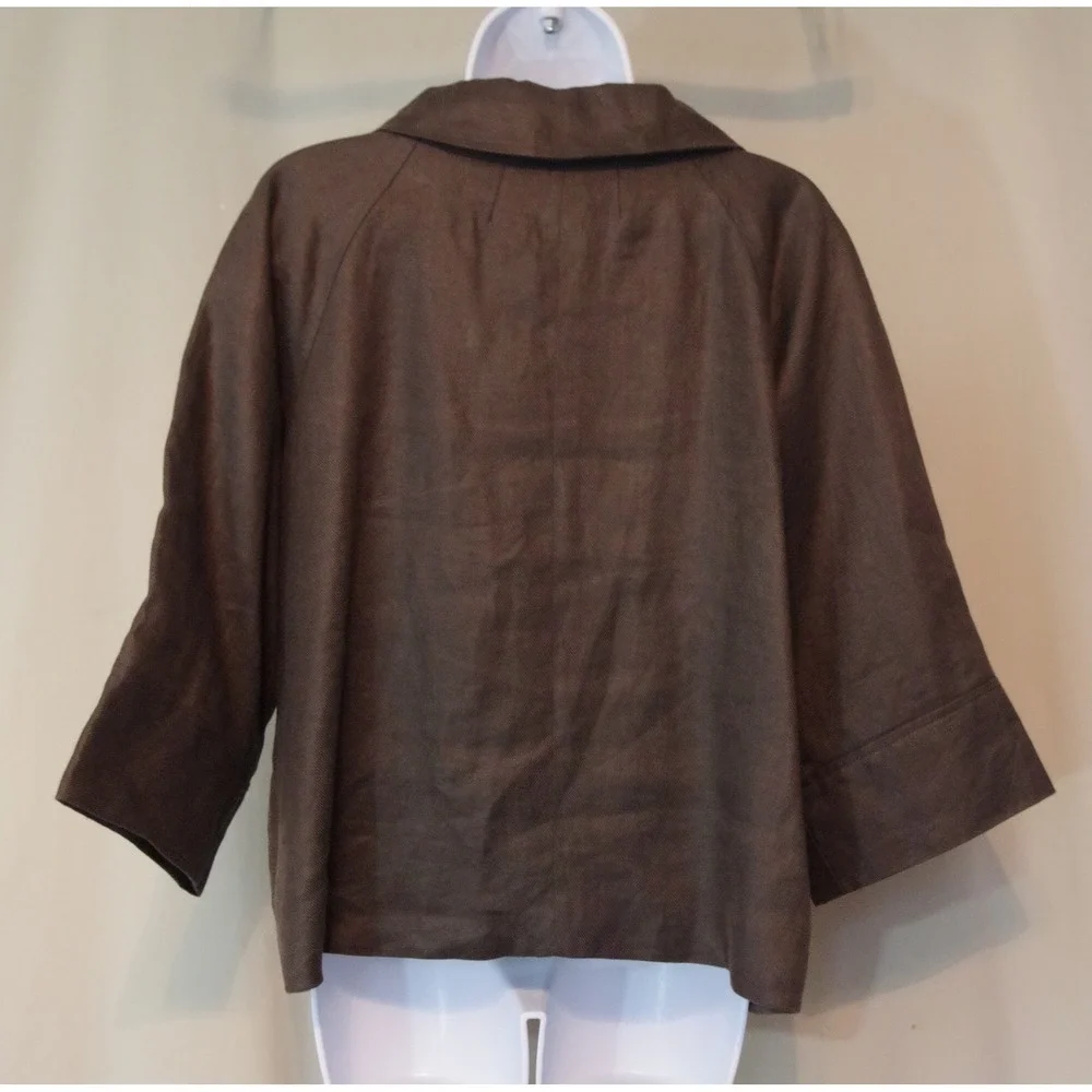 Tweeds Woman's XL Brown 100% Linen Double Breasted Jacket Peter Pan Collar